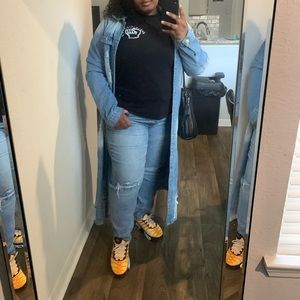 Distressed denim trench jacket